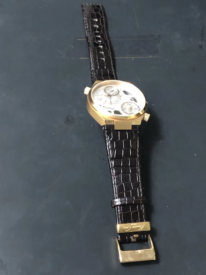 Kenneth Cole KC1715 Relógio Masculino DUAL TIME Esqueleto Dourado Rosa Pulseira Marrom Escuro - Imagem 3 de 4