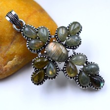 Fire Labradorite Gemstone Handmade 925 Sterling Silver Jewelry Pendant Size-2.5"
