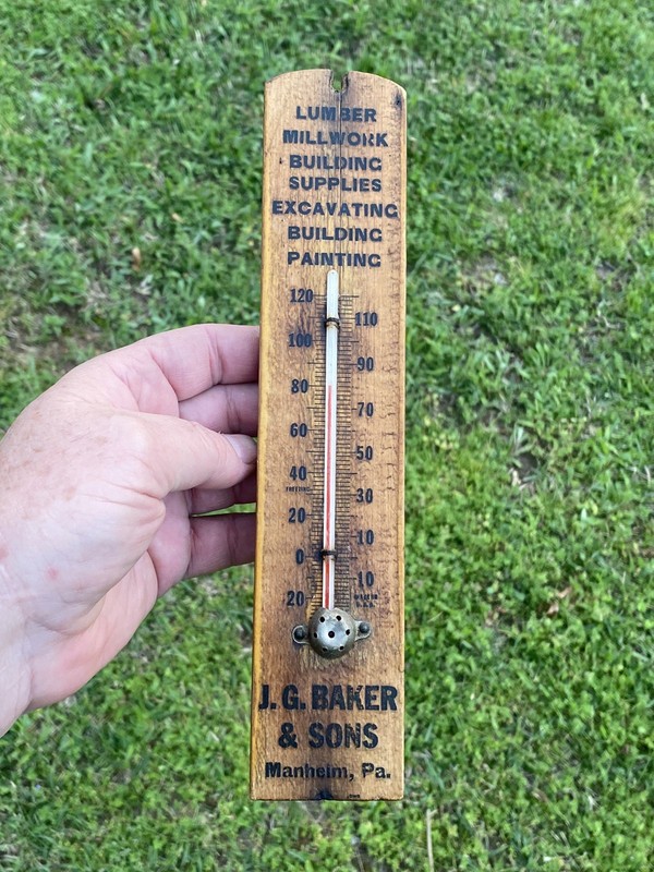 ANTIQUE WOOD ADVERTISING THERMOMETER J.G. BAKER MANHEIM PA. LUMBER PAINTING SIGN