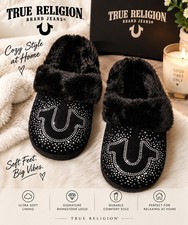 True Religion Women s Black Faux Fur Slippers House Shoes Horseshoe Logo Size L