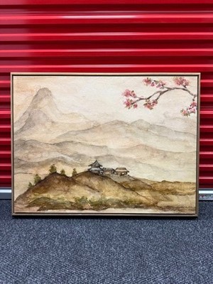 Large Asian Landscape Painting Canvas Framed Spring Mountain Temple Sakura Wall