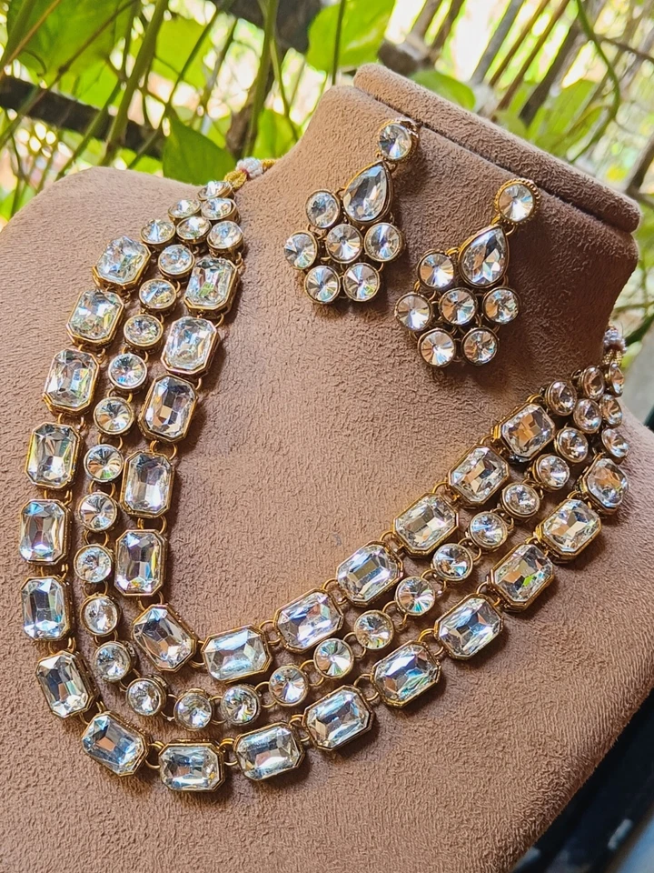 AD CZ Pakistani Indian Bollywood Kundan Necklace Wedding Bridal Jewelry Set New - Image 2 of 4