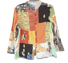 Citron Santa Monica Sz L Jacket Patchwork Asian 100% Silk Pockets Floral