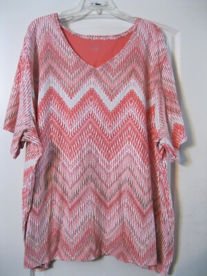 Catherines, 4X, SS Knit Top, Orange / Beige / White Bargello Print, V-Neck