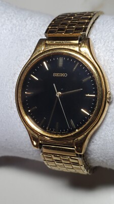 Vintage Seiko V701-1YZ0 Men Gold Tone Black Analog Quartz Watch Hour~New Battery