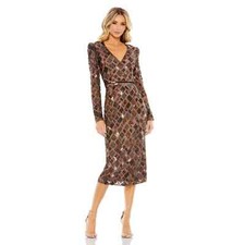 Mac Duggal Women's Geo Embellished Midi Sheath Dress Chocolate Size 14 NWT