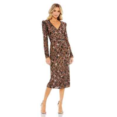 Mac Duggal Women's Geo Embellished Midi Sheath Dress Chocolate Size 14 NWT
