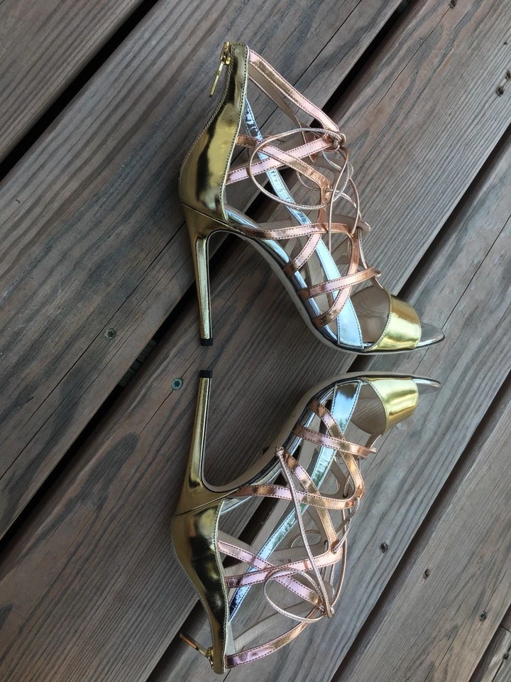Womens ALEJANDRO INGELMO Size 36 Boomerang Metallic Strappy Lace Up Sandal Heels - Image 4 of 4