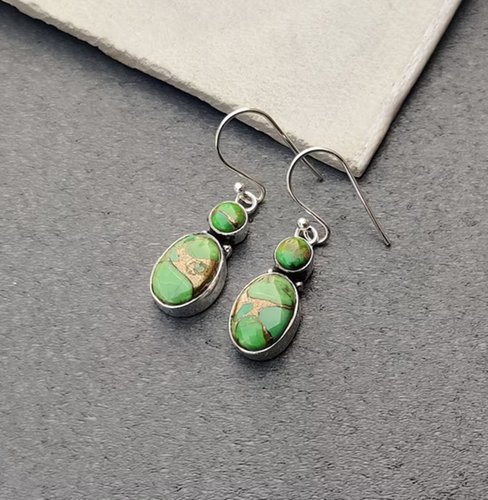 Green Copper Turquoise Earring Natural Gemstone 925 Sterling Silver MO** - Picture 2 of 4