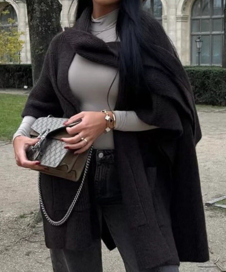 B372 ZARA ケープニットカーディガン　L XL ZARA BROWN OVERSIZED CHUNKY KNIT CAPE CARDIGAN WITH DRAPED NECK