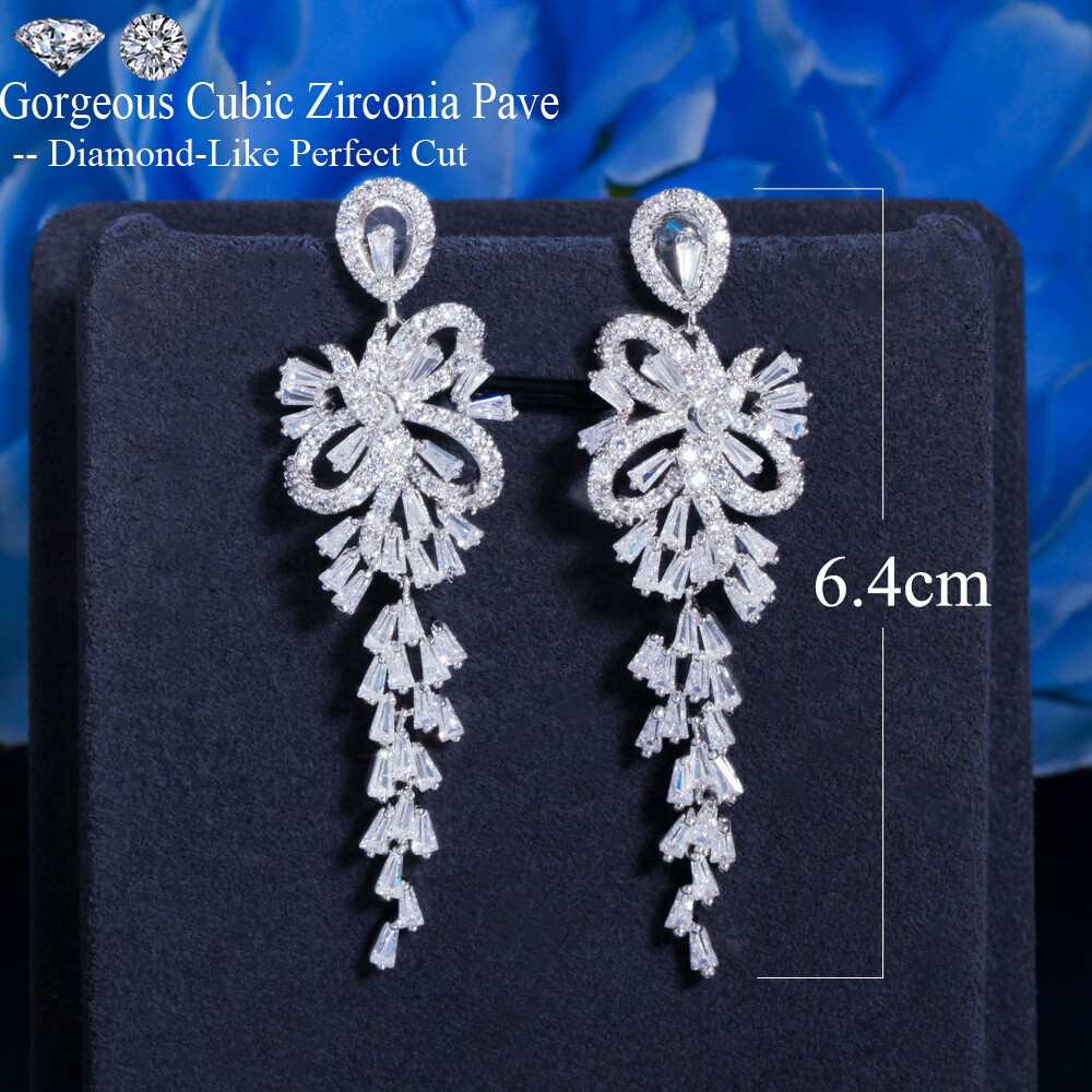 Sparkly Silver Plated Cubic Zirconia Long Dangle Drop Earrings for