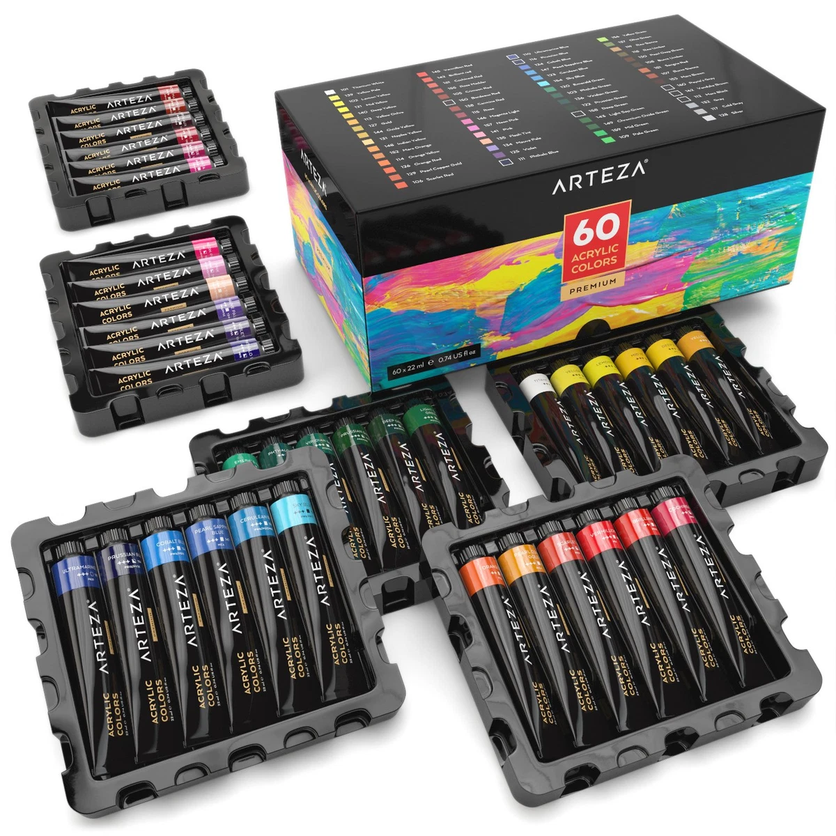 ARTEZA Acrylic Paint Set of 60 Colors Tubes 22 ml 0.74 oz. with Storage Box