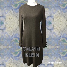 Calvin Klein Sweater Dress Career Dressy Sz M Gray Ruffled at wrists crew neck