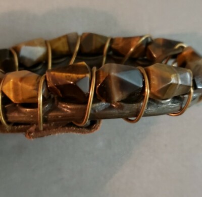 Garuglieri Italy Leather Belt w/ Tiger Eye… Garuglieri Leather Belt Woman Sz M Brown Metalic Gold Tiger  main image 3