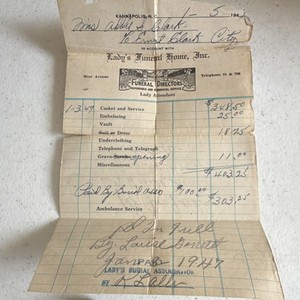 Lady's Funeral Home Inc. 1947 Funeral Directors Invoice/Statement Advertisement