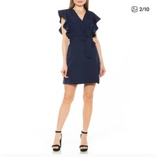 Alexia Admor Ada Ruffle Sleeve Waist Tie Wrap Dress 10 V- Neck Crepe Navy