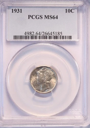 1931 P Mercury Dime, PCGS MS64, Tough, White Old Coin, Early Date. Semi-Key!