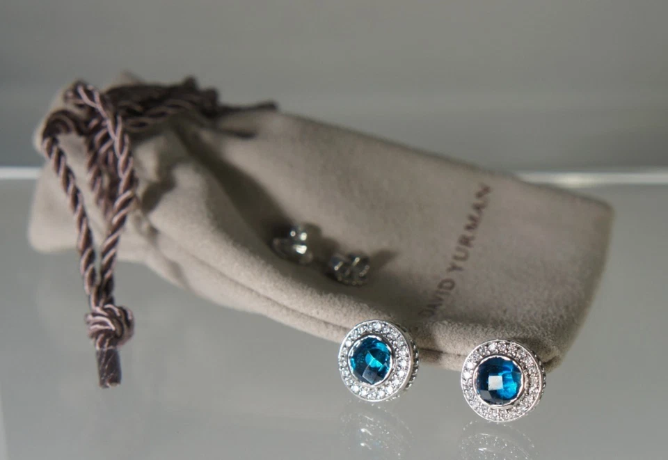 David Yurman 925 Silver 585 Gold BLUE Topaz Diamond Halo Petite CERISE Earrings - Image 3 of 4