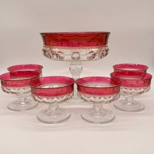 Vtg Tiffin Kings Crown Ruby Red Glass Pedestal Compote Bowl & 6 Champagne Coupes