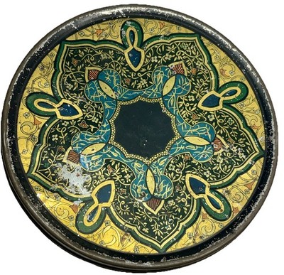 Vintage Round Tin Container Black Paisley 7'' Metal Package Corp Of New York