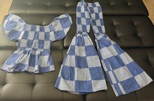 African Print Women  s Blue/White Off-Shoulder Top  Flare Pants Set