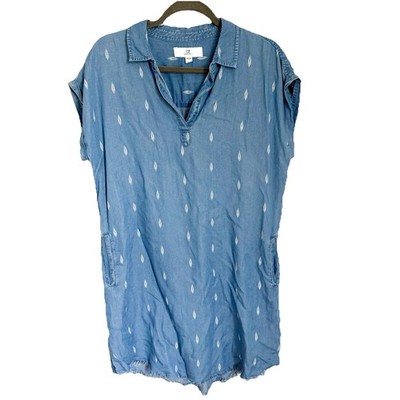 Thread & Supply Chambray Tencel Shirt Dress Size M Blue Ikat AOP Frayed Hem
