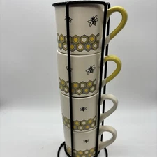 American Atelier Ceramic (4) Stackable Espresso Cups & Metal Rack Bee Hexagon
