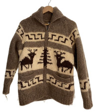 O.E.B. Co. Canadian Sweater Cowichan Hand Knit Wool Jacket Deer Moose Brown L XL