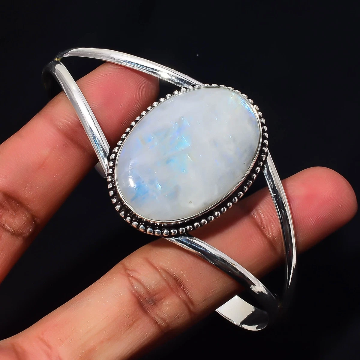 Rainbow Moonstone Gemstone 925 Sterling Silver Handmade Bangle Jewelry Gift For