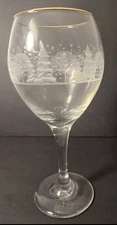 Vintage Arby's Frosted Winter Tree Scene Wine Glass w/ Gold Rim (1)