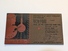 1939 University of West Virginia WVU Extension Rotary Club Math Award William