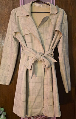 Solitaire Women's Beige Geometric Cashmere Blend Belted Lined Trench Coat M