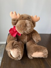 Dakin Moose 21  Plush Stuffed Animal Brown Red Bow Sitting 1993