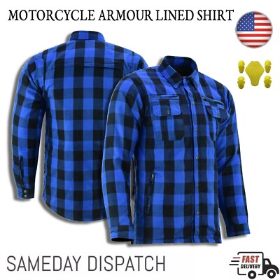 Men Motorcycle Plaid Lined Flannel Biker Shirt With Armor Pads & 2 Pockets Blue
