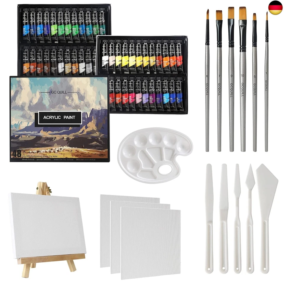 GC QUILL 48 Farben Acrylfarben Set 12 ml x 48 Tuben mit 6 Pinseln,