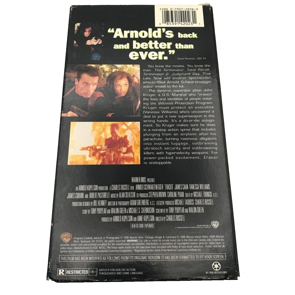 Eraser Movie 1996 VHS Tape Arnold Schwarzenegger - Image 2 of 3