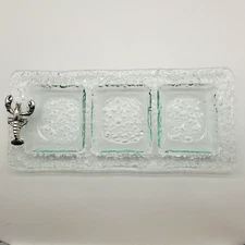 Clear Tinted Glass Divided Relish Dish Rectangle 3 Sections With Silver Lobster