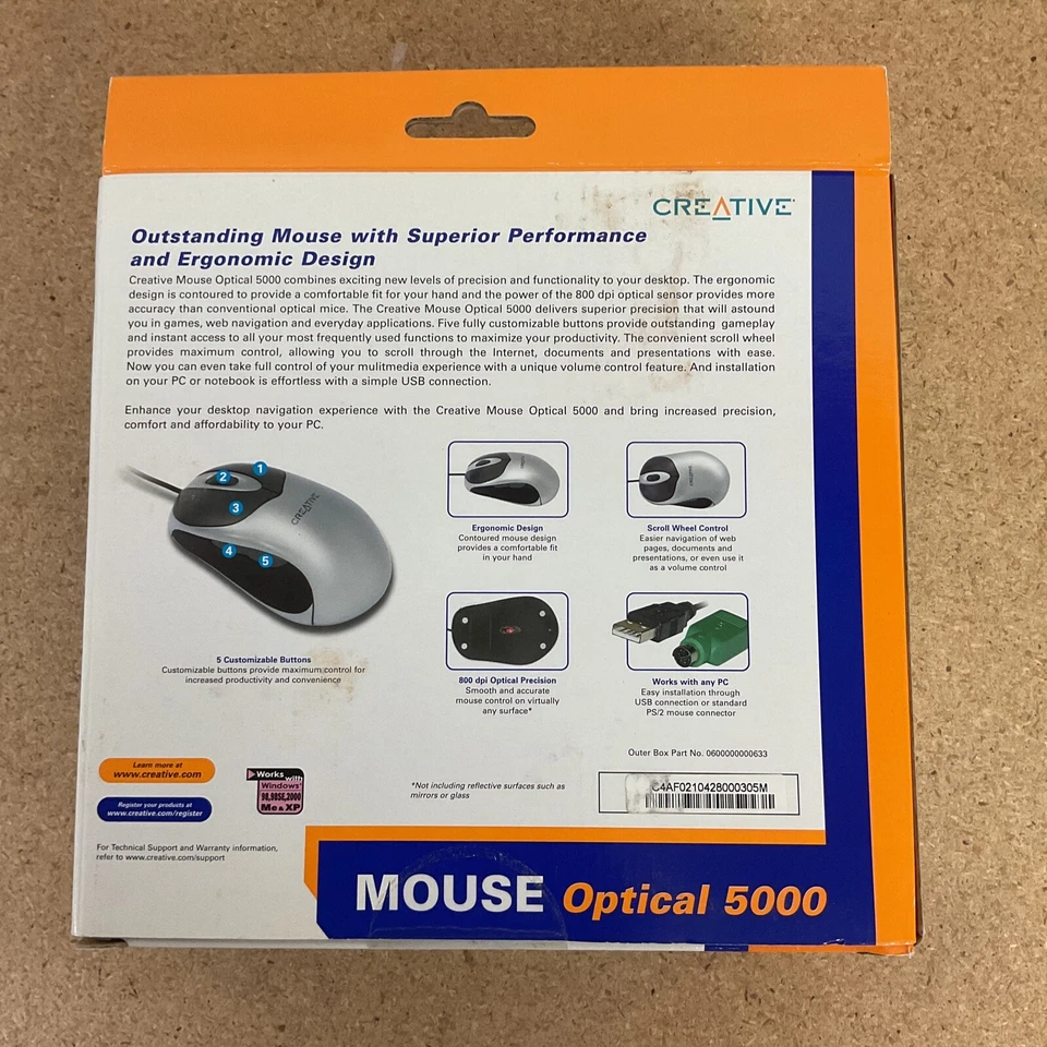 Creative Labs Optical Mouse 5000 USB Silver Black NWT Works With Any PC - Image 2 of 2