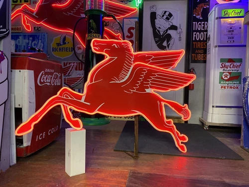 Antique Vintage Old Style LED Neon Mobil Pegasus Gas Oil Service Sign 41x67”