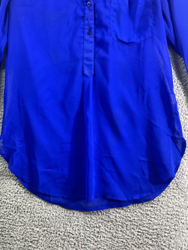 Top de mujer Tea Rose azul real de gasa transparente manga larga con botones talla pequeña Foto 3 de 4
