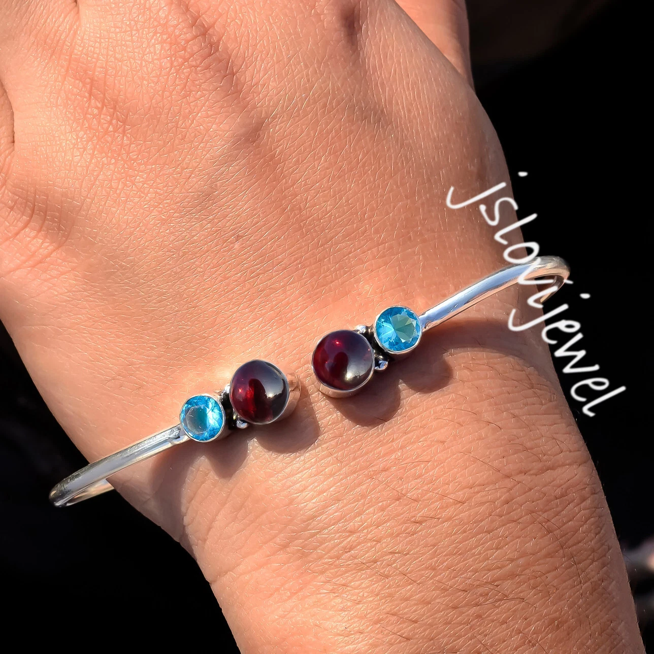 VALENTINO Bracciale Fatto a mano Granato Rosso & Topazio Blu Londra Argento Sterling 925