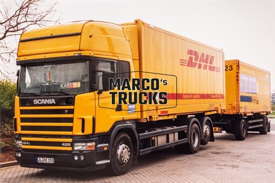 LKW Foto Scania 124L 420 Kofferauflieger Deutschland gelb DHL Express & Lo #a9dn