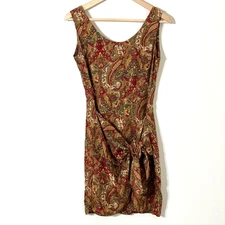 Vtg Forenza 90s Silk Paisley Floral Wrap Mini Dress Sleeveless Earthtones Autumn