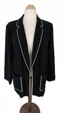 M S Black Blazer with White Piping UK 18 Polyester/Elastane Open Front Longline