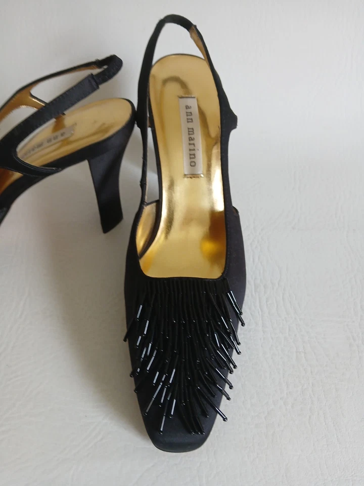 Women's Ann Marino Black Satin Slingback Shoes Embellished With Fringe Beads... - Image 4 of 4