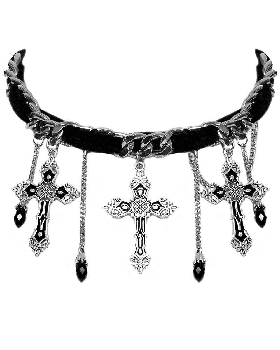 Punk Rave Womens Gothic Crucifix Chained Jewelled Choker Necklace Black Velvet