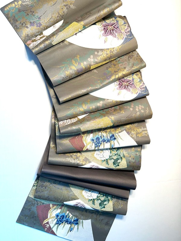Luxury Japanese Kimono Fabric Silk Sash Belt, Rinpu Flower Pattern Hikigaku Silk