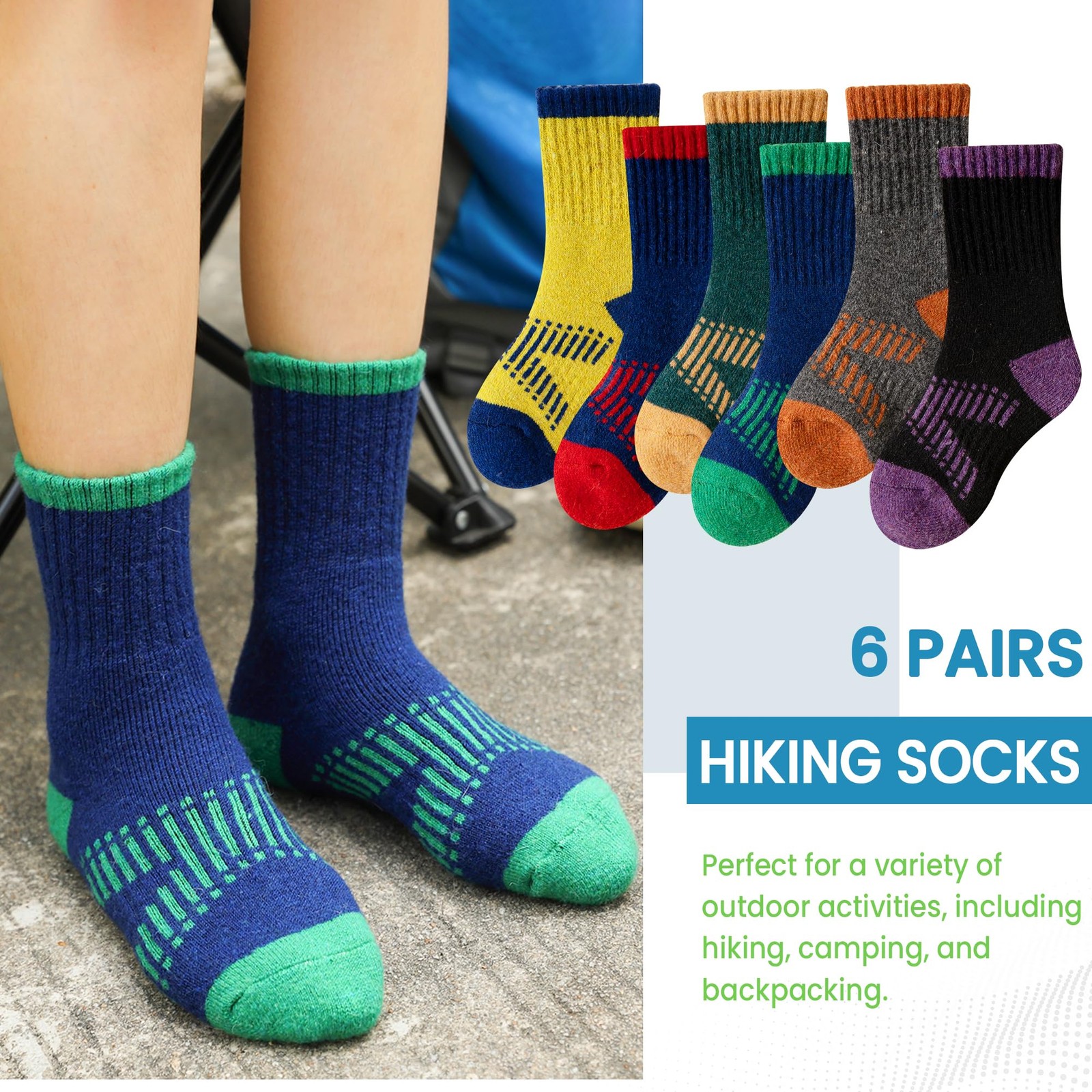 Kids Merino Wool Hiking Socks Boys Thermal Winter Warm Cushion Boot Socks 6 Pair