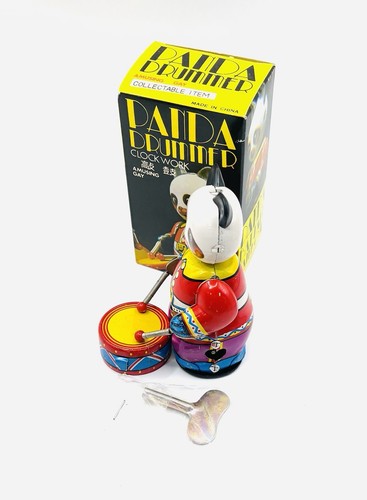 CLOCKWORK PANDA DRUMMER WIND-UP TIN TOY ORIGINAL BOX And KEY - WORKS