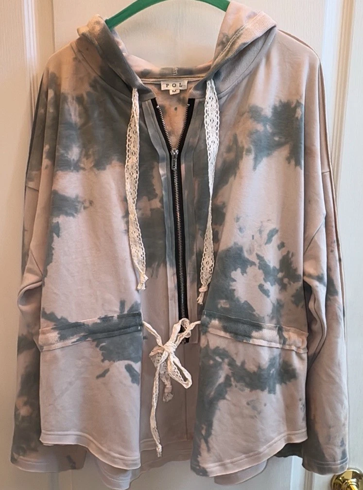 POL Women’s Oversized BOHO Hoodie Large Gray Tie Dye Print with Lace Medium